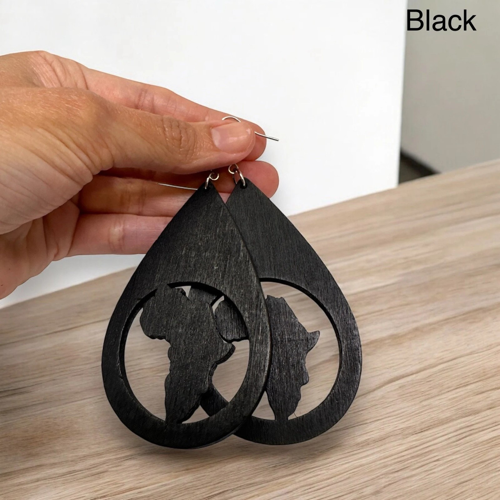 Handmade Boho Africa Map Wooden Drop Earrings – Lightweight 3″ Dangle (3 Colors)