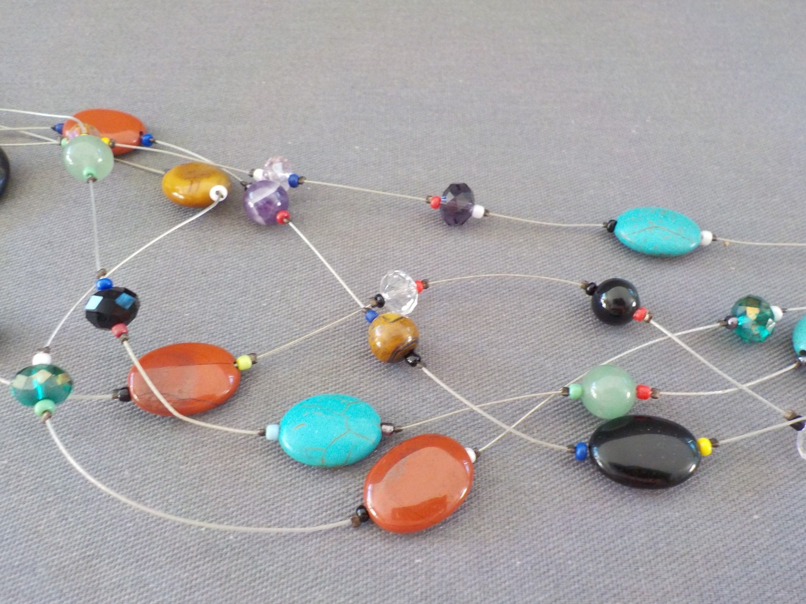 Necklace Silver Tone Metal Multi Strand Wire Stone Glass Oval Polished
