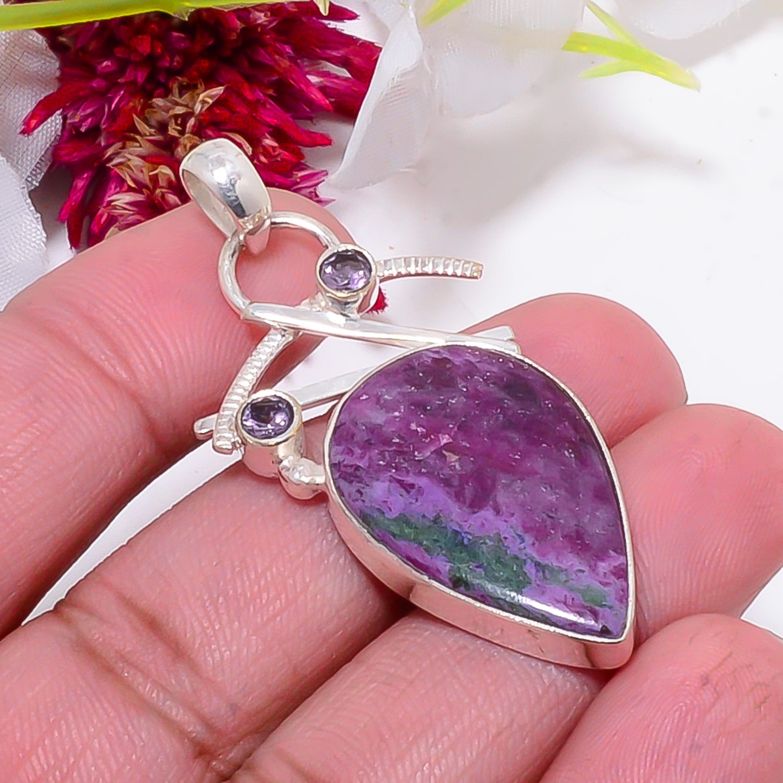 Natural Ruby With Zoisite & Purple Amethyst 925 Sterling Silver Pendant 2.03″ S4