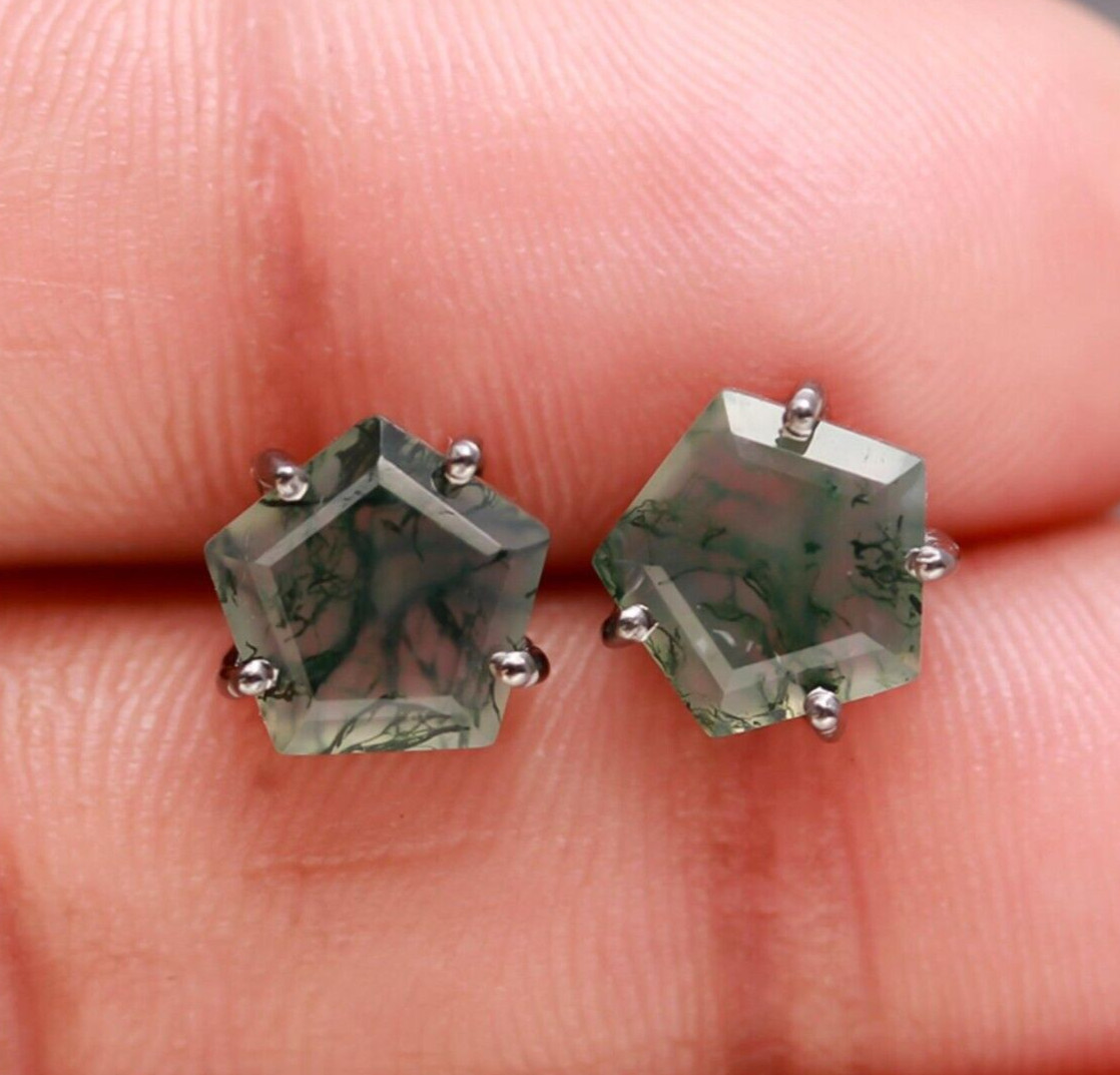 100% Natural Moss Agate Pentagon Stud Earrings Solid Silver Oxidized Jewelry