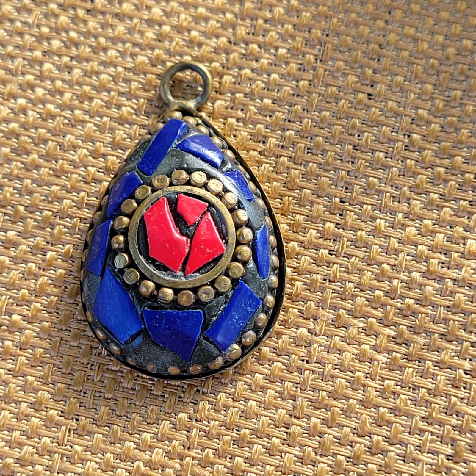 Red Coral Lapis Lazuli Gemstone Handmade Tibetan Pendant Brass Base