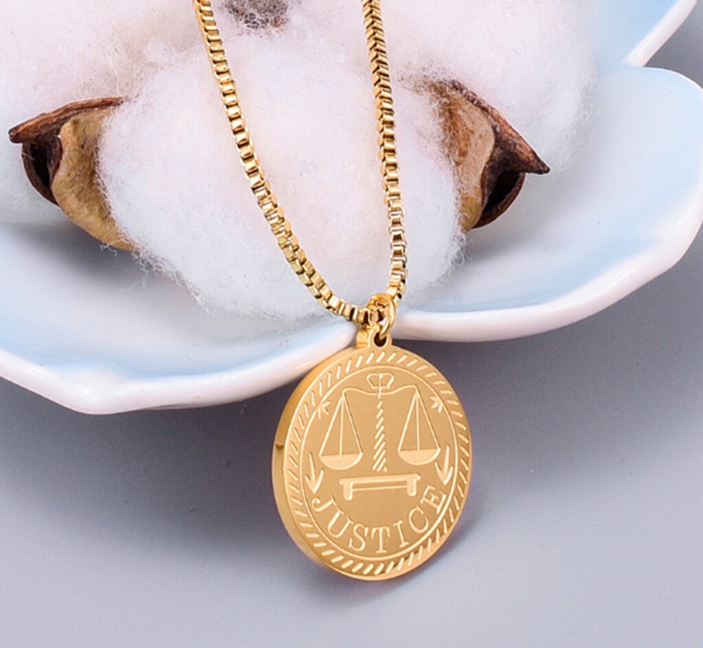 Women Titanium Stainless Steel Justice Libra Peace Gold Coin necklace 16-18″