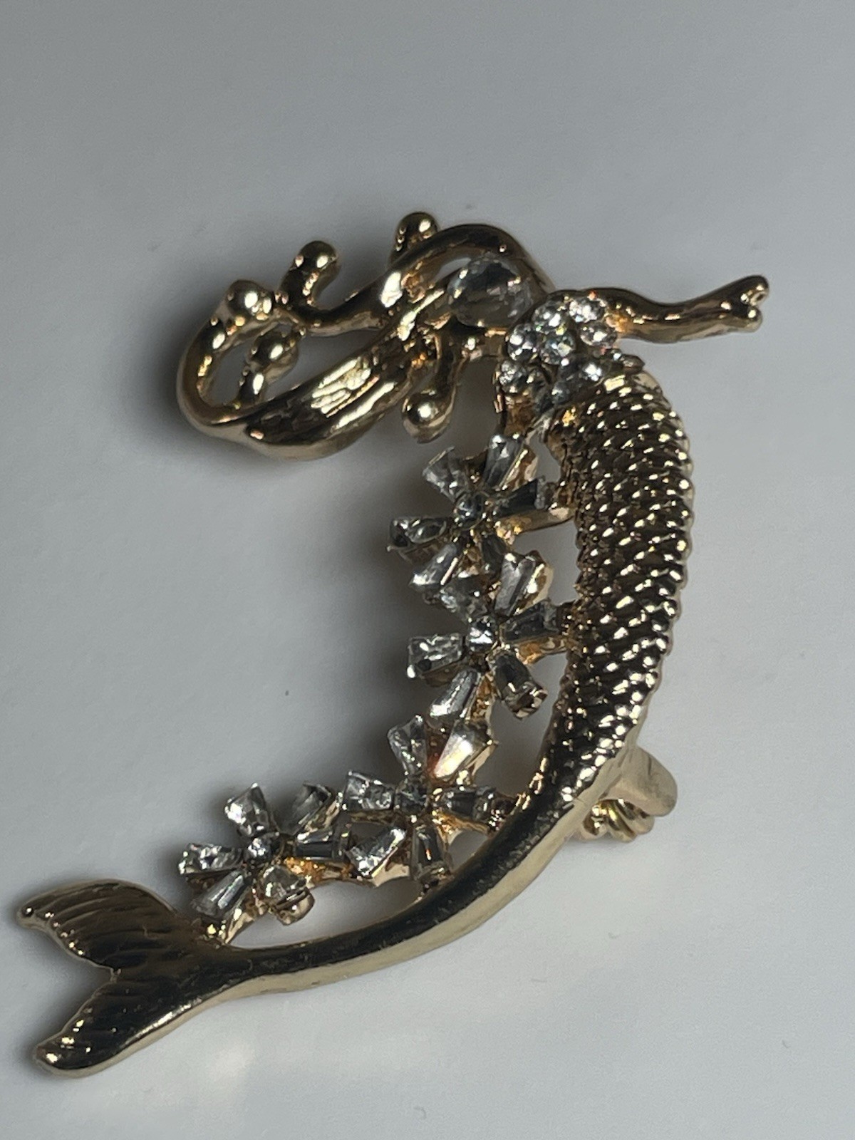 Gold Tone Mermaid Brooch Pin Clear Rhinestone Crystal Ocean Nautical Jewelry