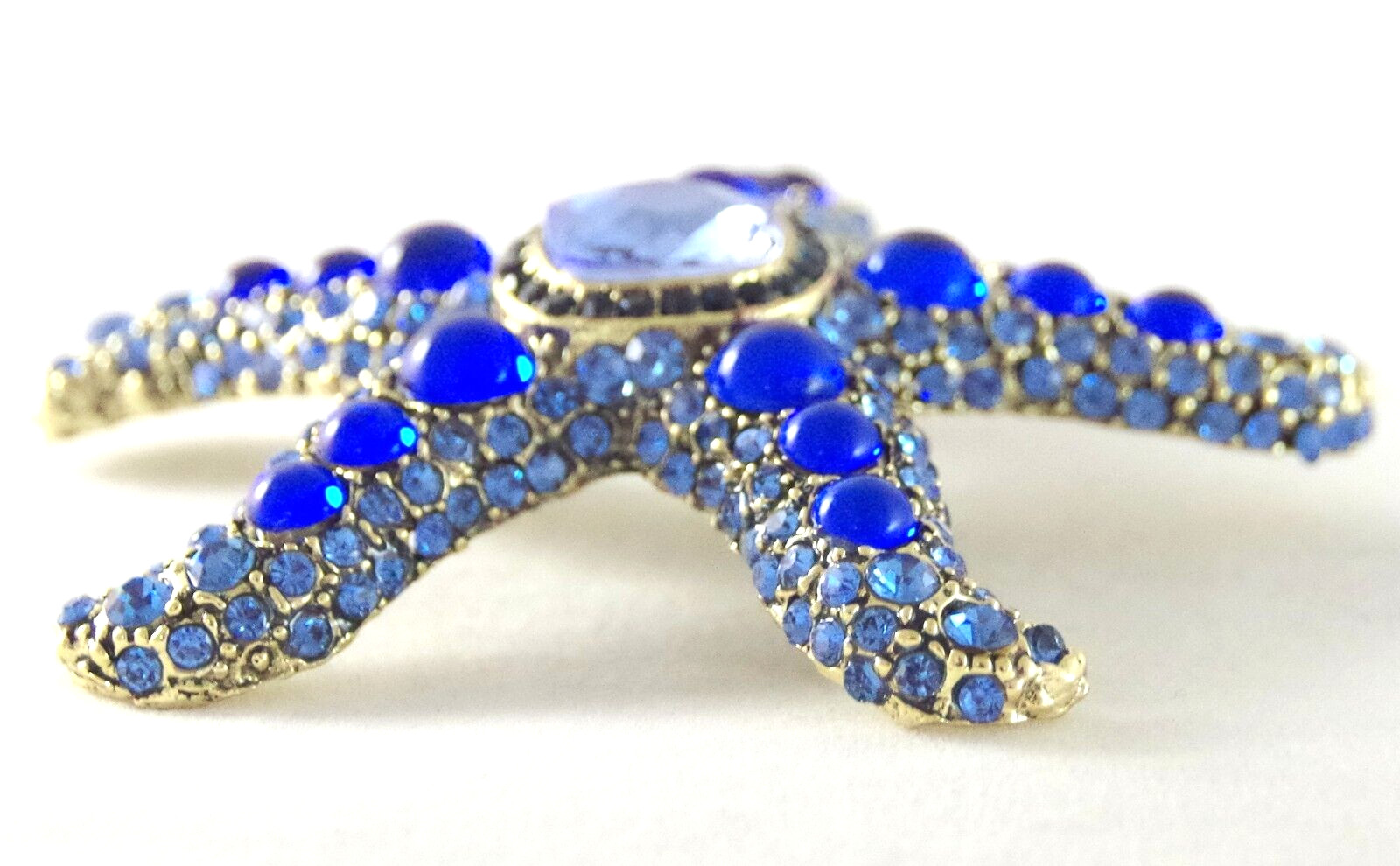 BIG UNSIGNED KENNETH JAY LANE INSPIRED BLUE RHINESTONE GLASS CAB STARFISH BROOCH