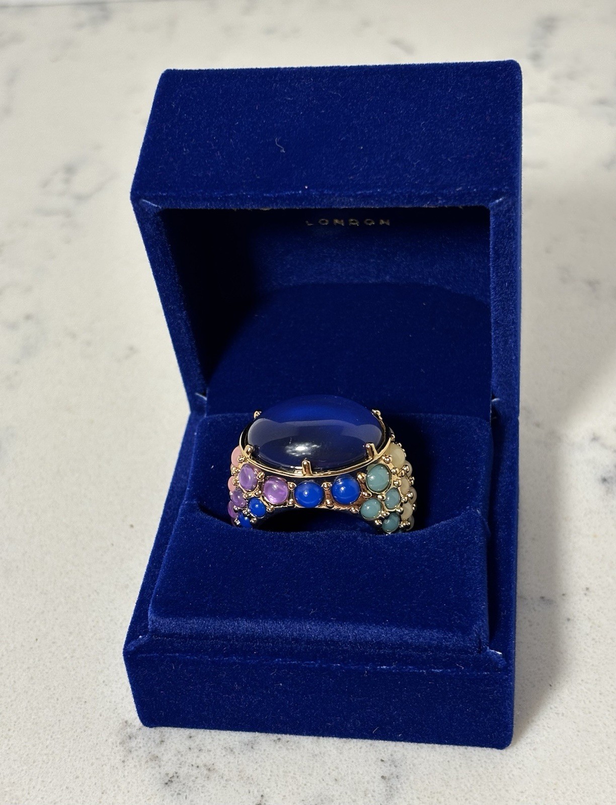 Statement Gold Tone Multicolor Cabochon Ring Size 8 Blue Stone New Box