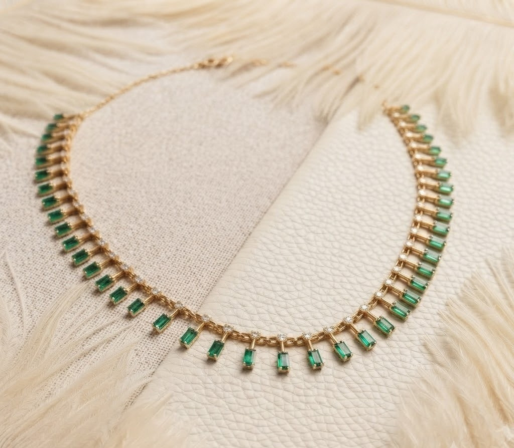 Green Emerald Tennis Necklace 925 Sterling Silver Gold Plated Statement Jewelry