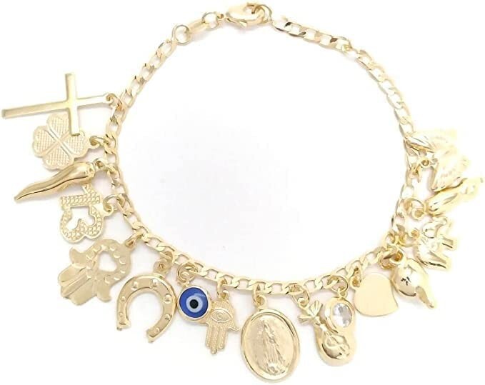 Lucky Charm Bracelet 7” Adjustable, Gold Filled Italian Horn,Butterfly,Elephant