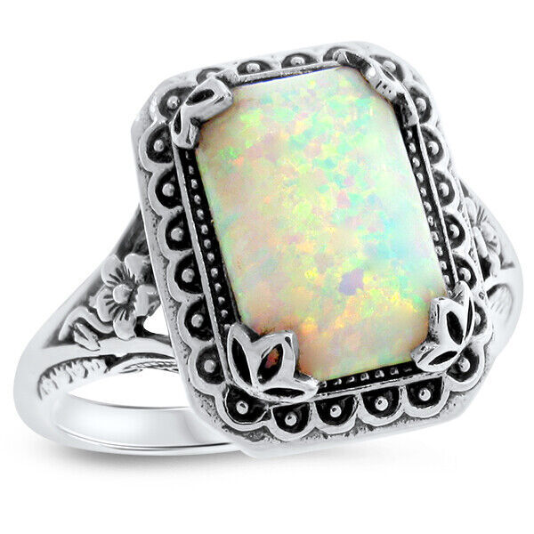 CLASSIC ART NOUVEAU STYLE 925 SOLID STERLING SILVER LAB-CREATED OPAL RING 860X