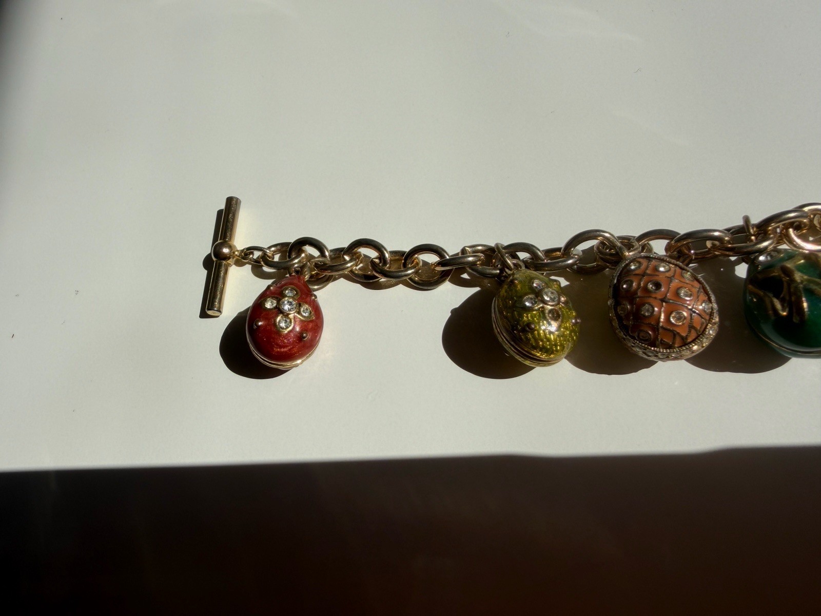 Fabergé-Inspired Egg Charm Bracelet Soft Enamel Tone Gold Tone Rhinestones AS IS
