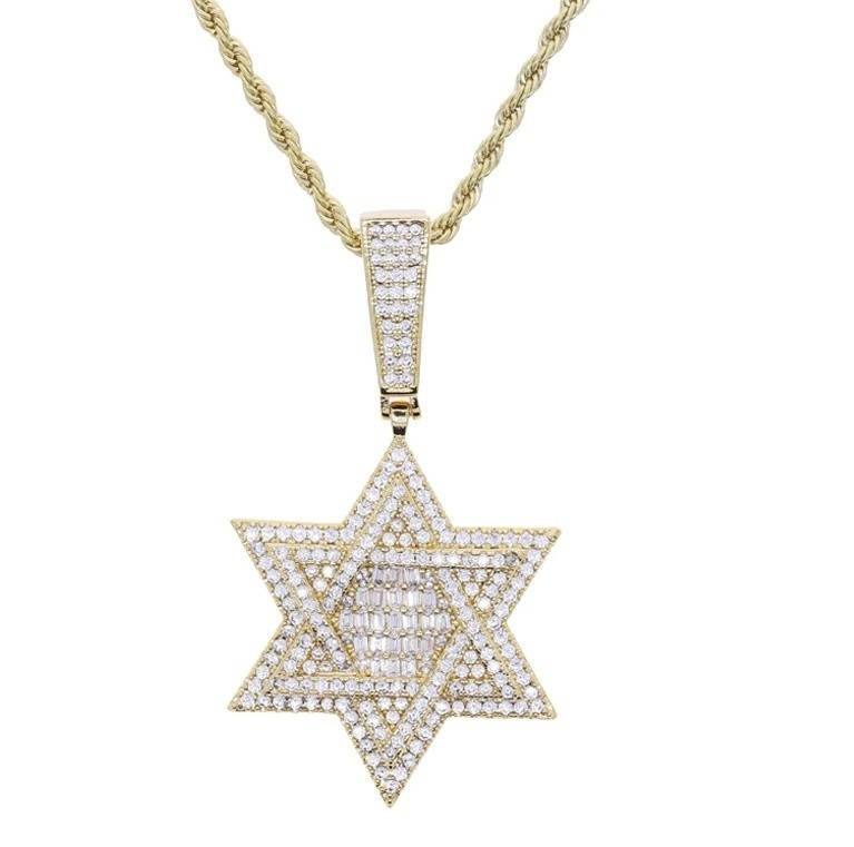 Hip Hop Star of David Pendant Necklace 5A CZ Iced Bling Double Layer Charm Men