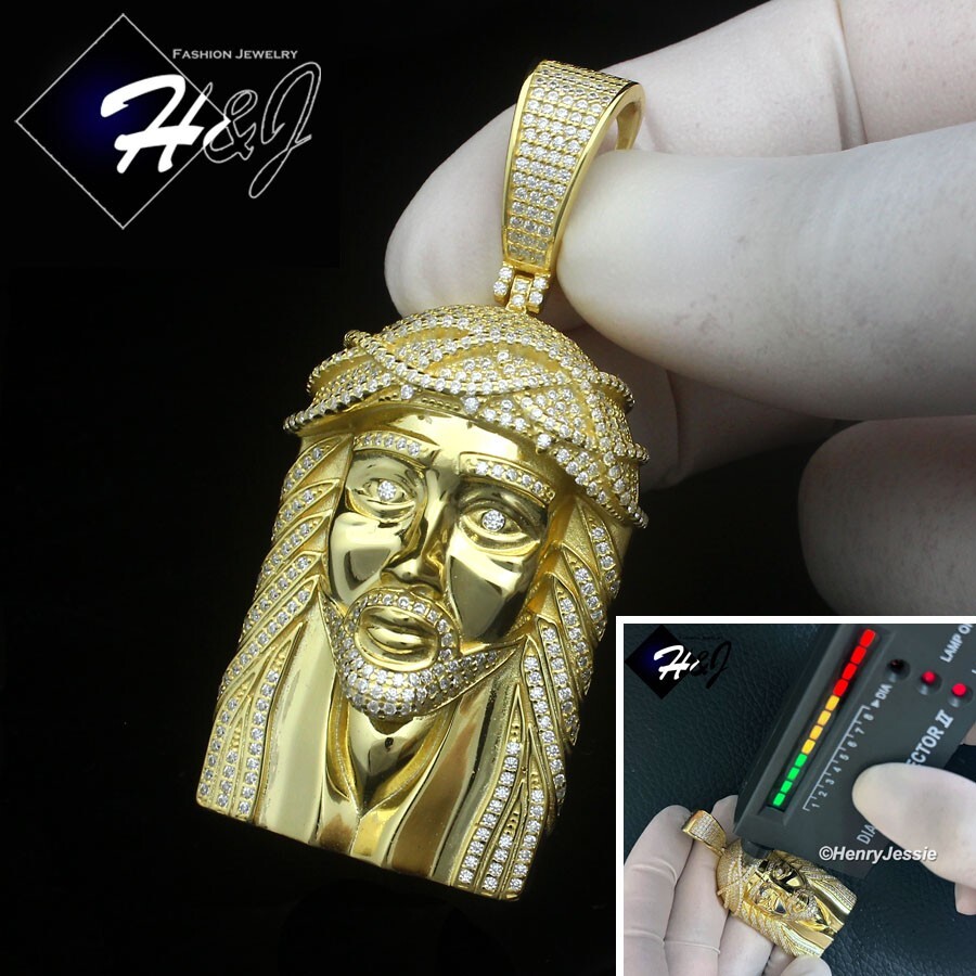 MEN 925 STERLING SILVER ICY MOISSANITE GOLD PLATED 3D JESUS FACE PENDANT*GP498