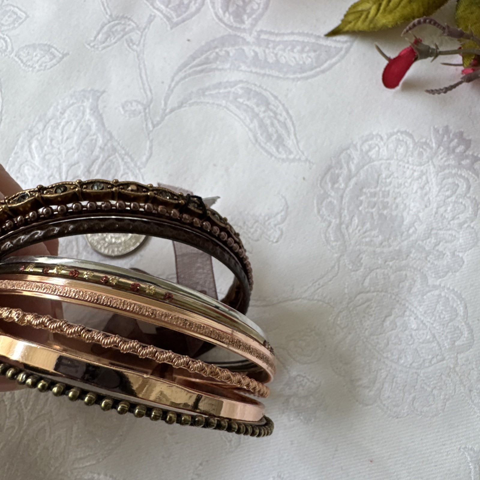 Chico’s Dark Gold Silver Brown Textured Thin Stacked 9 PC Bracelet Set Stack NWT