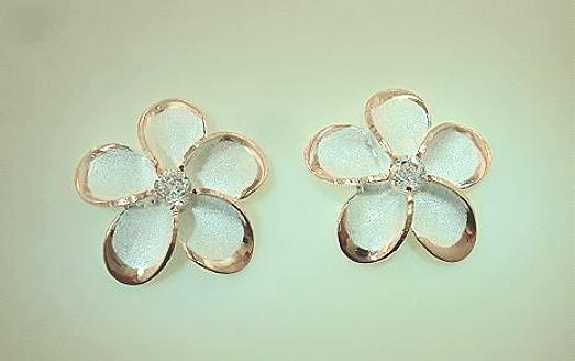 16mm Rose Gold Plated 925 Silver Satin Hawaiian Plumeria CZ Post Earrings #7