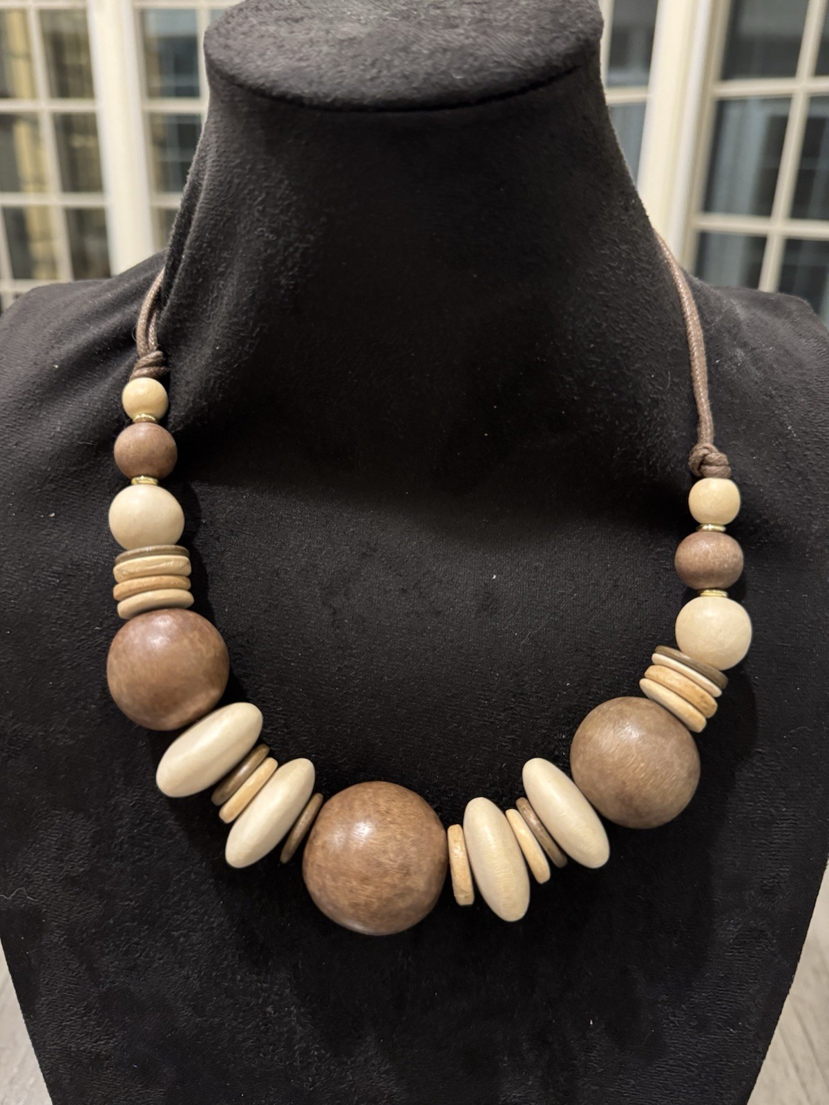 Chunky Natural Wood Bead Necklace Bohemian Brown Beige Statement Jewelry