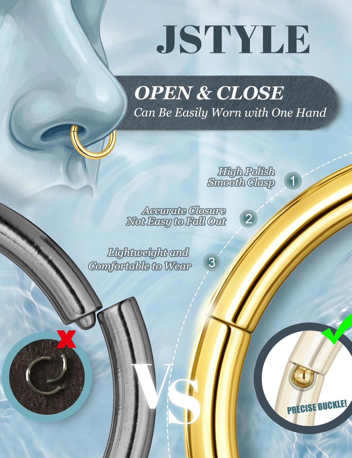 Jstyle 5Pcs 18G 16G Surgical Steel Nose Rings Hoop for Women Opal CZ Clicker Hin