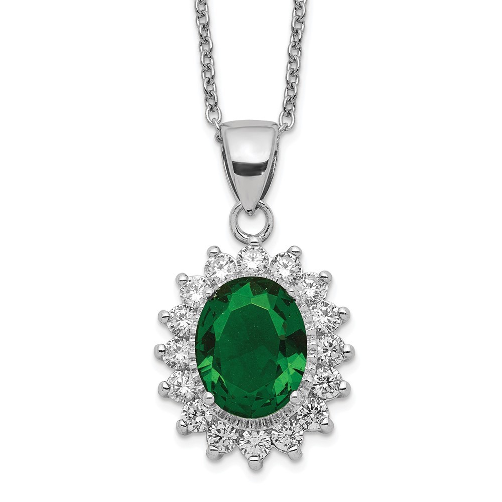 Sterling Silver Green Glass and White CZ Oval Necklace 18.25 Inch