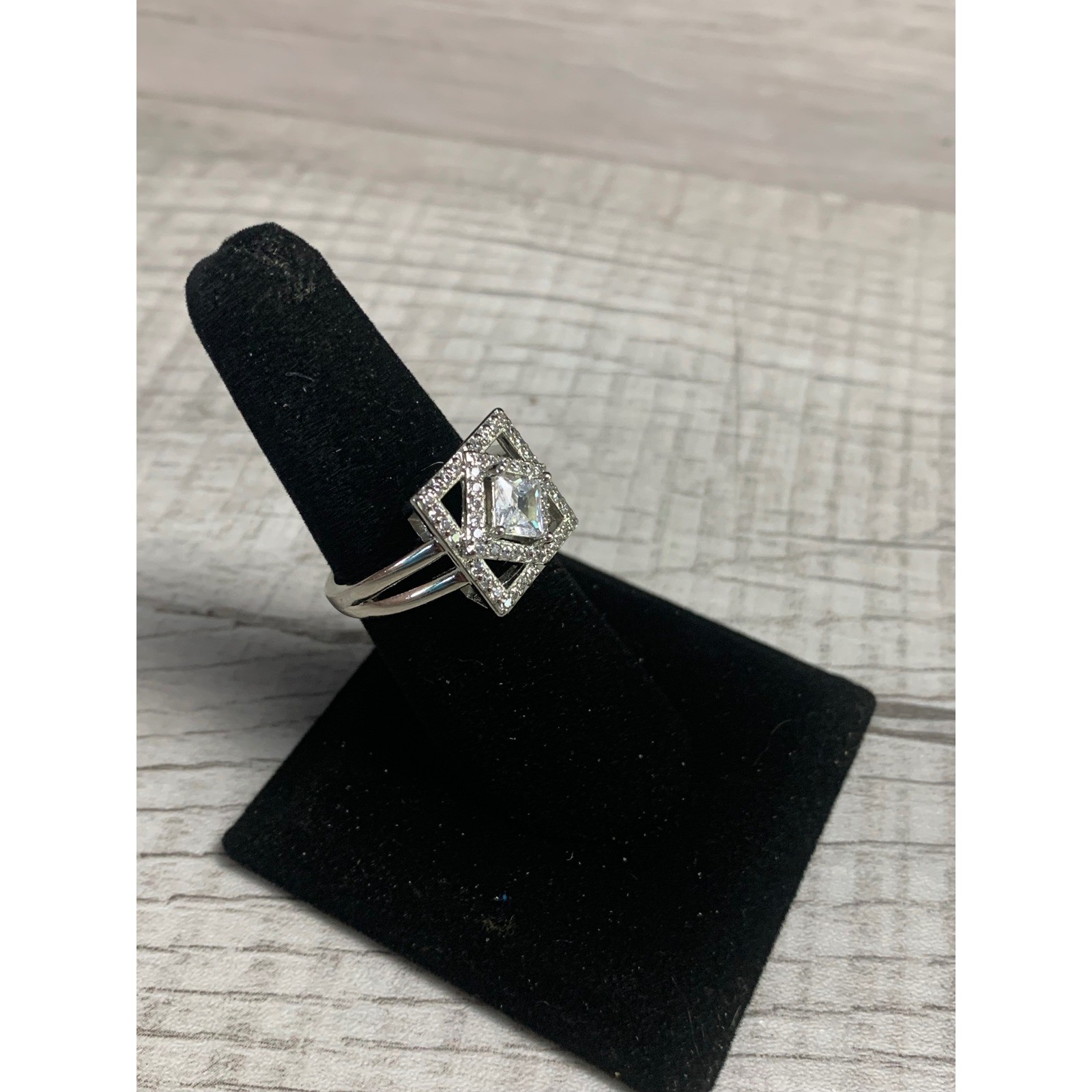 Art Deco Geometric Square Halo Ring Silver Tone Princess Cut Clear Stone Sz 7.25