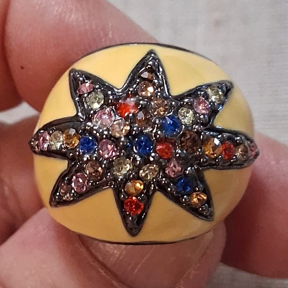 Yellow Enamel Dome Star Cocktail Ring Multicolor Crystal Pavé Silver Sz 6
