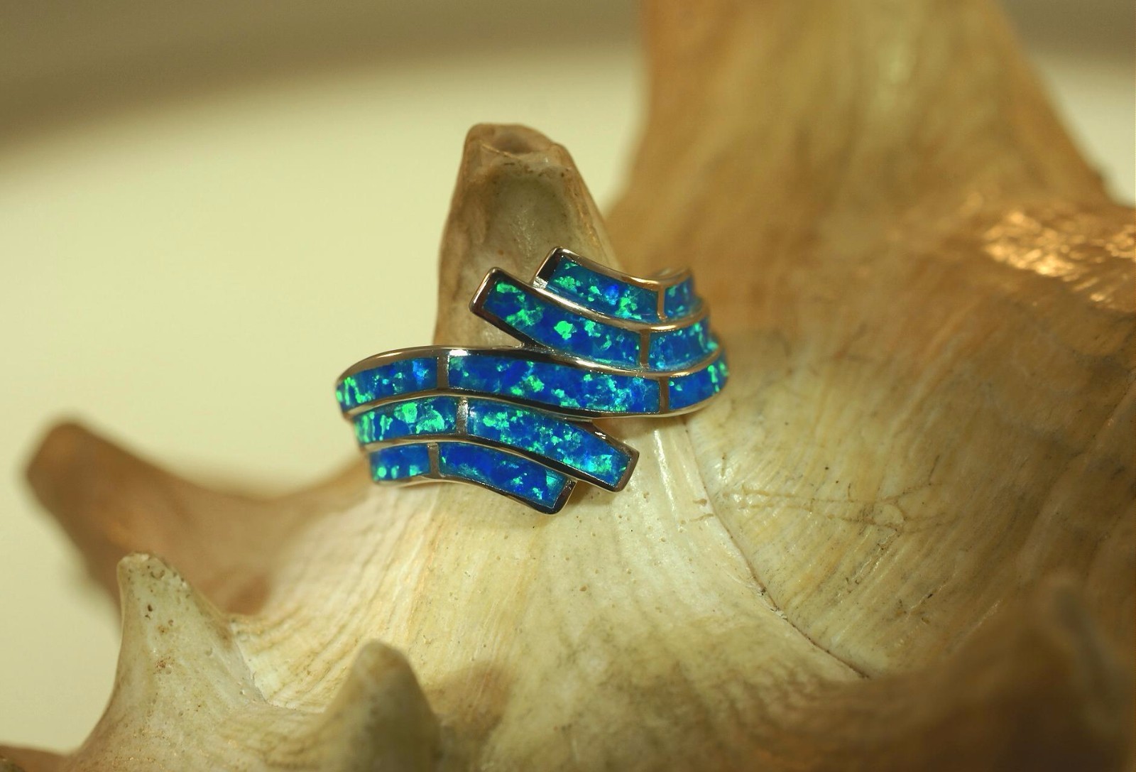 15MM HAWAIIAN RHODIUM ON 925 SILVER INLAID OPAL BREAKING OCEAN WAVE RING 5-10 #2