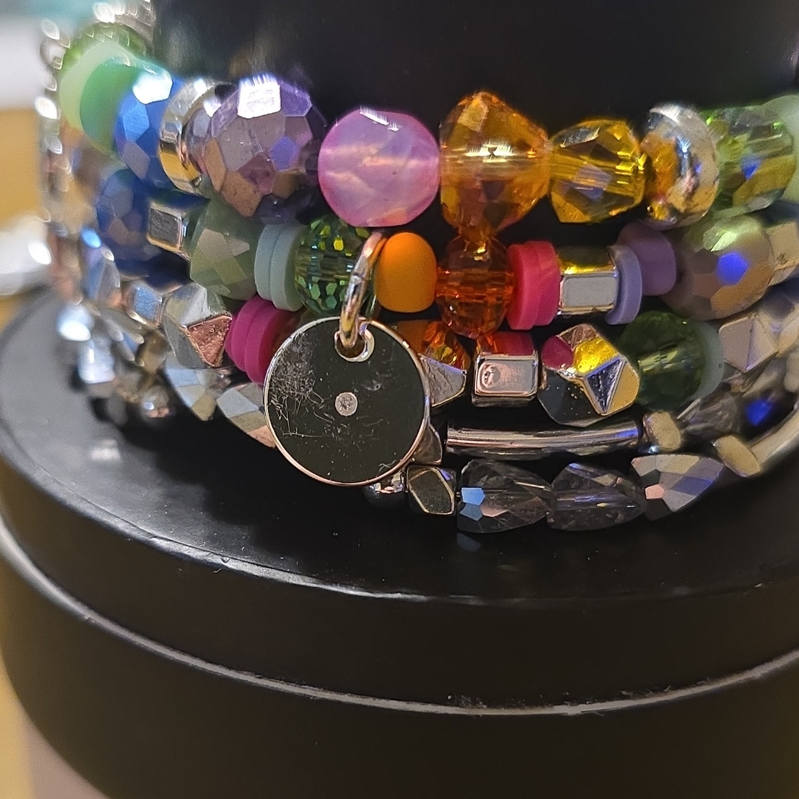 RETRO- Ring Bomb Party Holiday Stack Charm Bracelet Silver Plated Dyed Agate