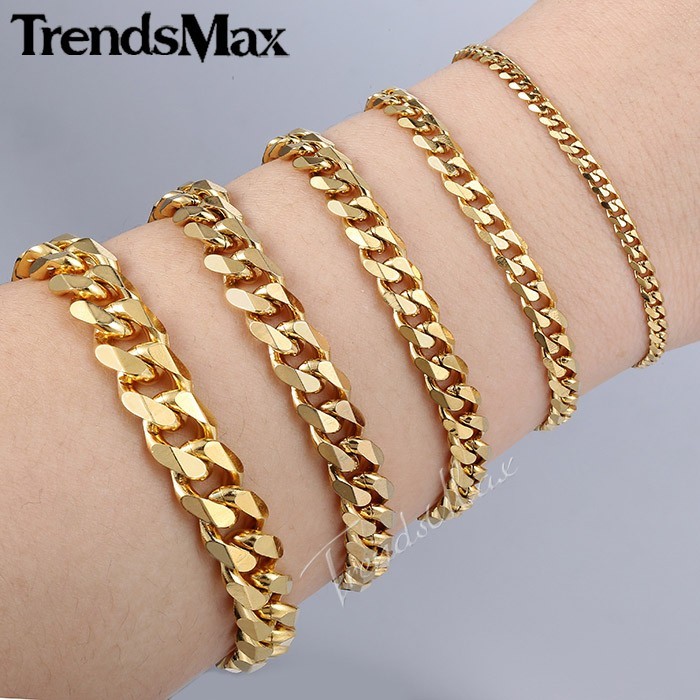 3-11mm 7-11″ Gold Plated Stainless Steel Chain Bracelet Curb Cuban Link Wrist