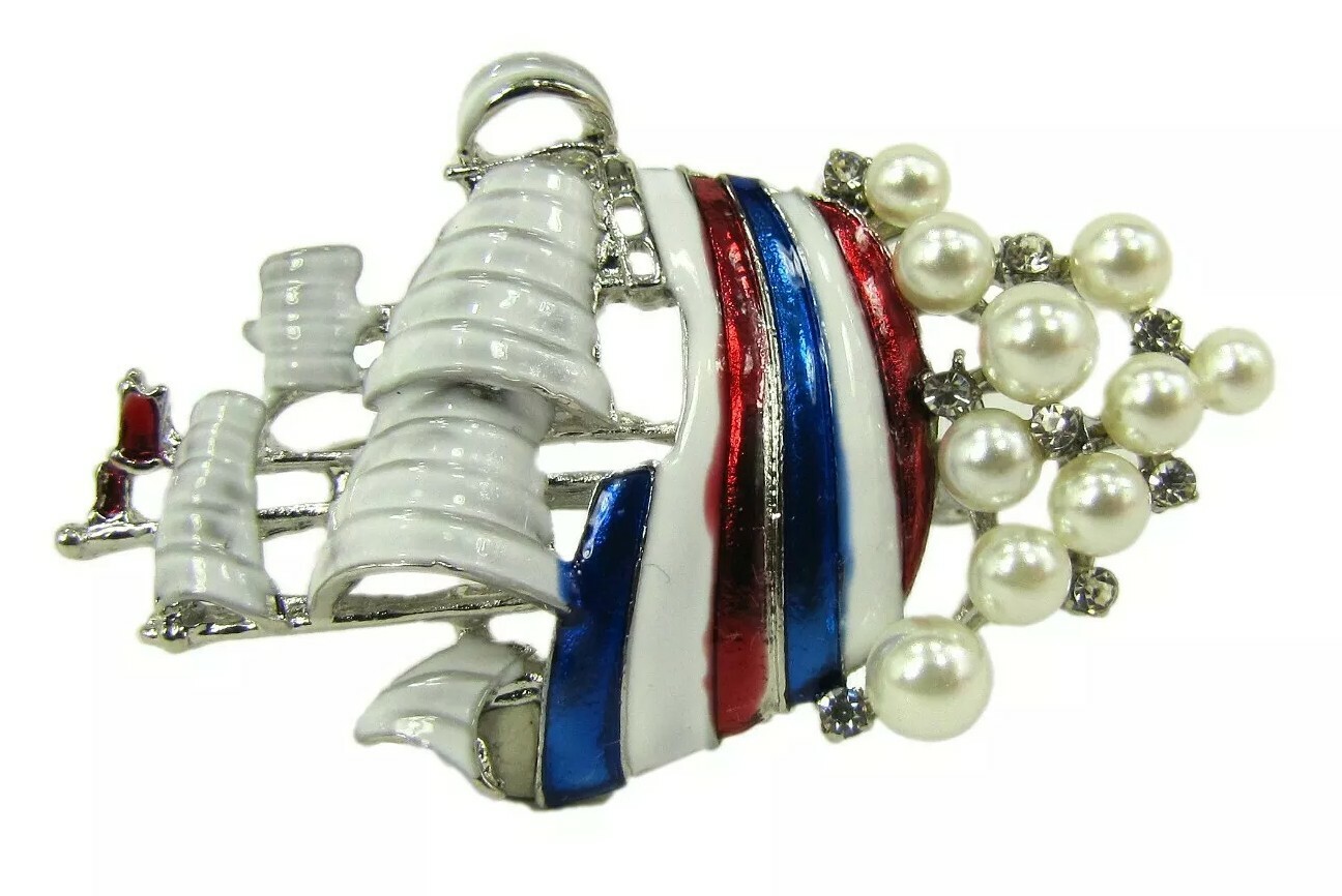 Red, White, and Blue Sail Boat Pin Brooch with Pearls & Crystals USA fashion pin