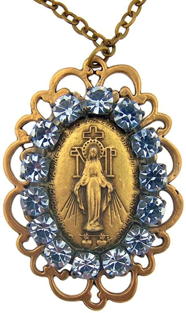 2 3/8 Inch Bronze Tone Filigree Miraculous Medal with 18 Inch Chain
