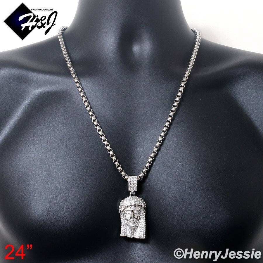 24″MEN Stainless Steel 5mm Silver Box Link Necklace ICY CZ Jesus Pendant*IP150