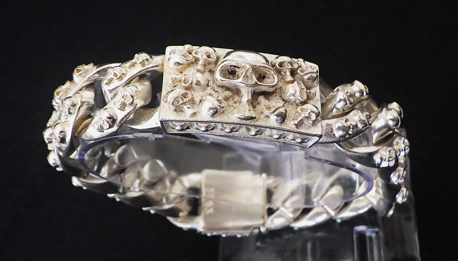 A traditional Tibetan silver Buddhist men’s bracelet with sculls