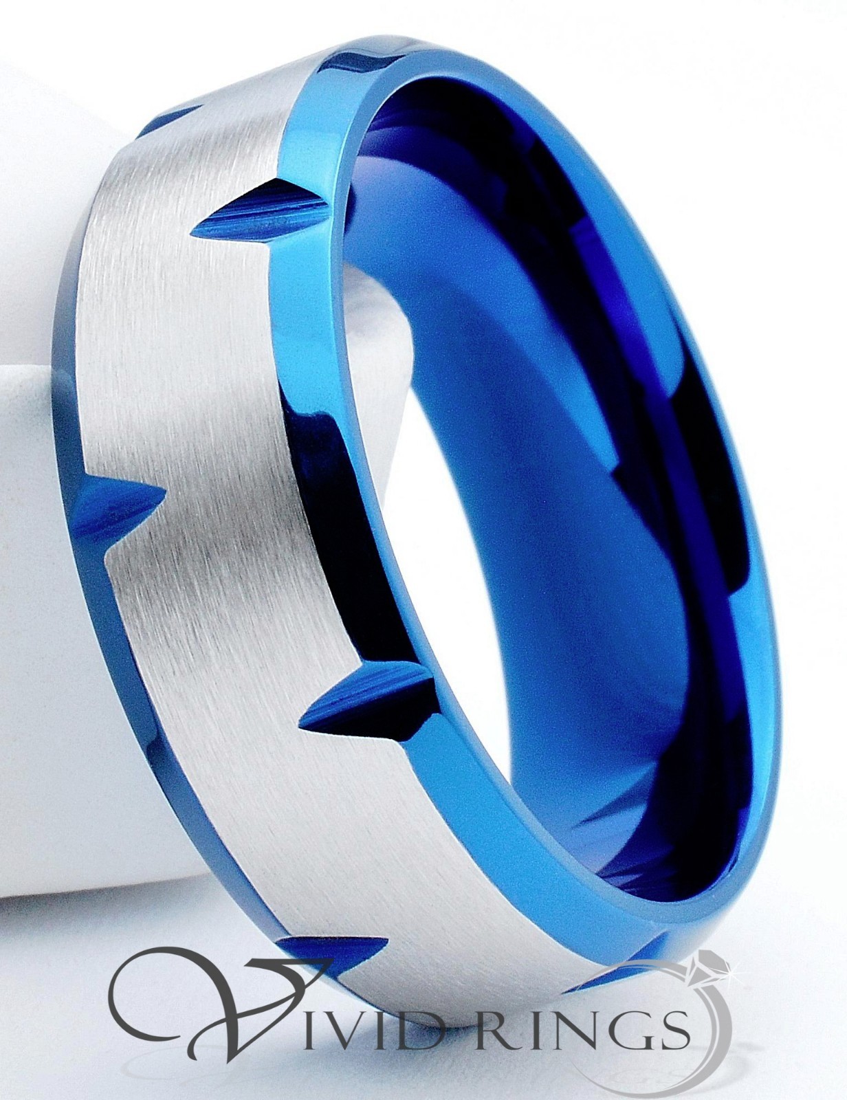 Men Stainless Steel Ring Blue Edge Faceted Band 316L 8mm Size 7 to 15