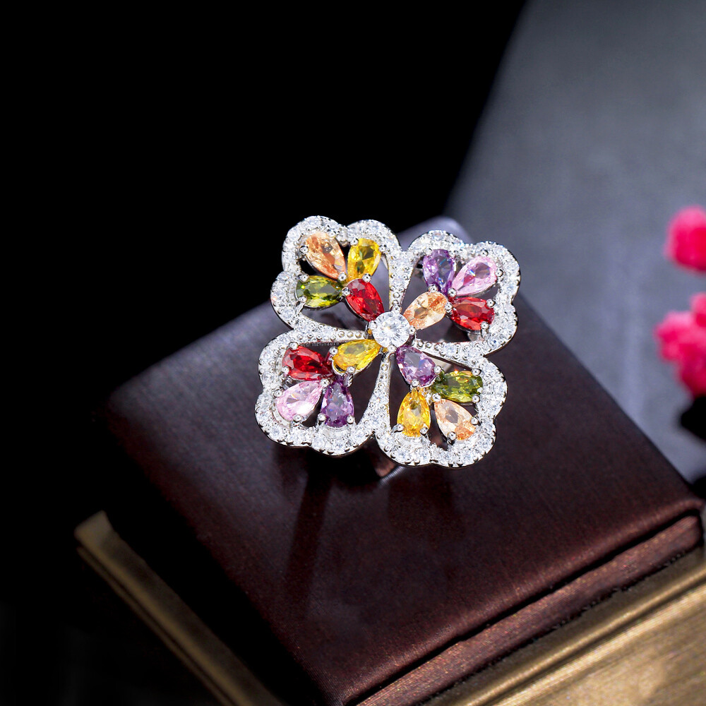 Silver Plated Blue CZ Crystal Flower Statement Women Chunky Flower Party Ring