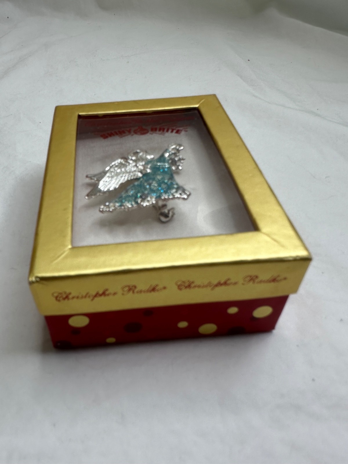 Christopher Radko Brooch Pin Blue Silver Glitter Boxed Shiny Brite New in Box