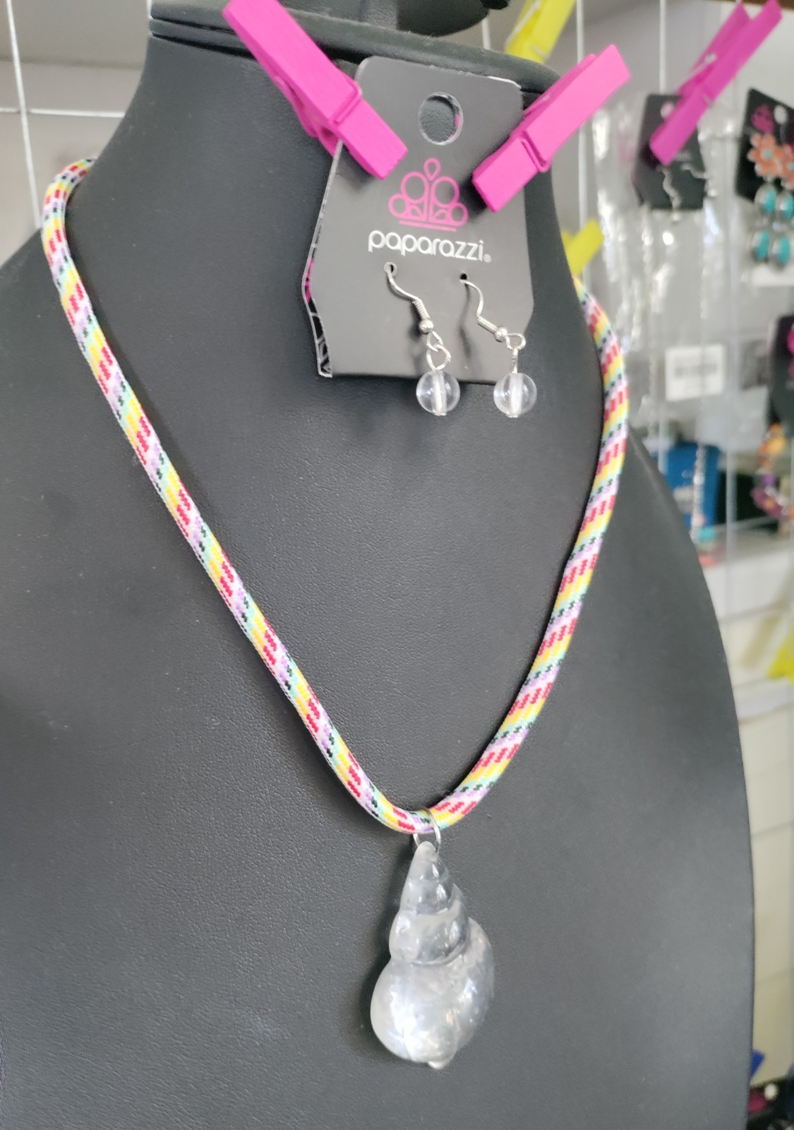 Paparazzi Swanky Shell Necklace, White w/Multicolored Cord, Transparent Seashell