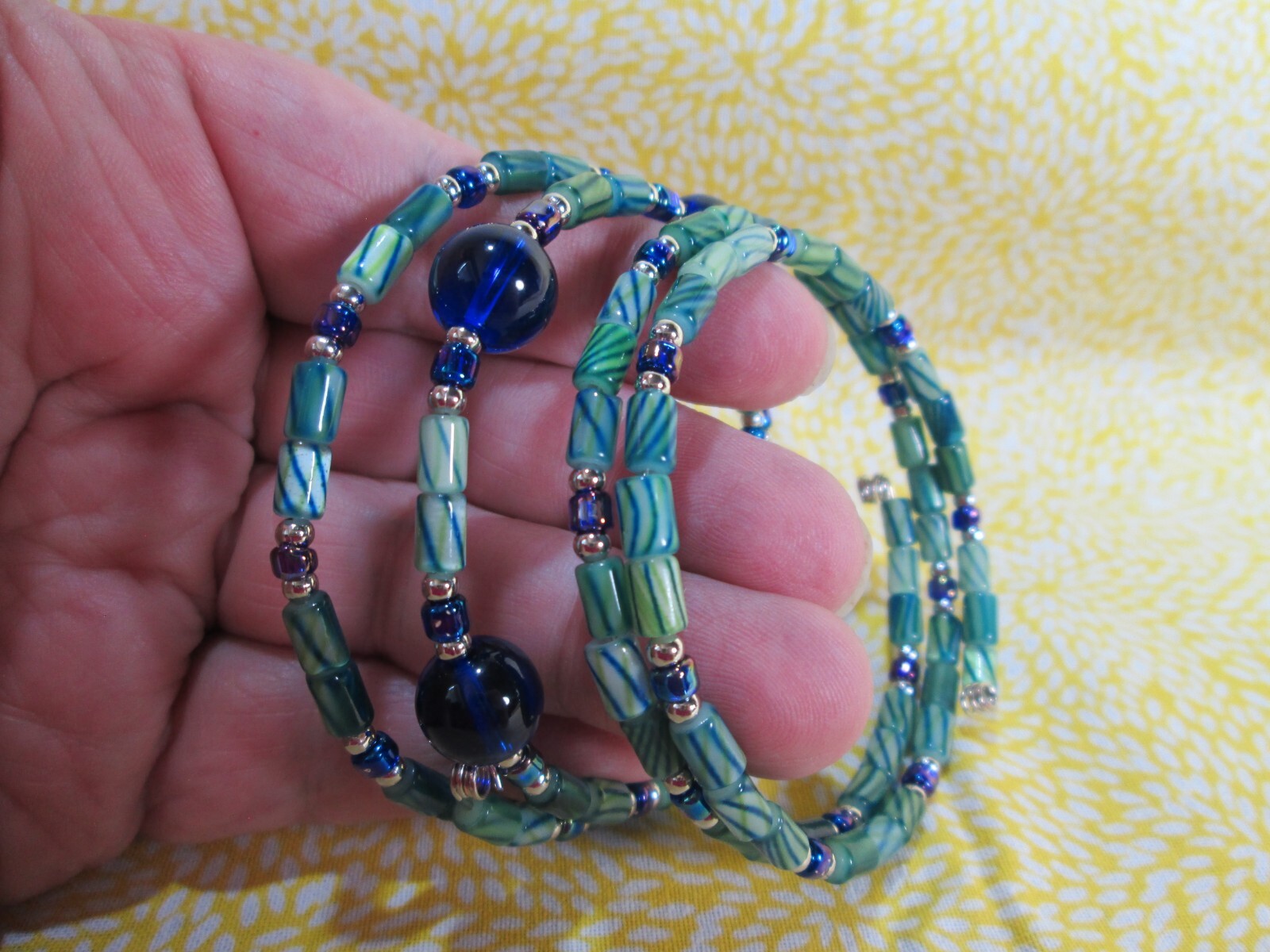 Handmade Glass Bead Memory Wire Wrap Bracelets / Lot of 2 / Green-Blue Duo