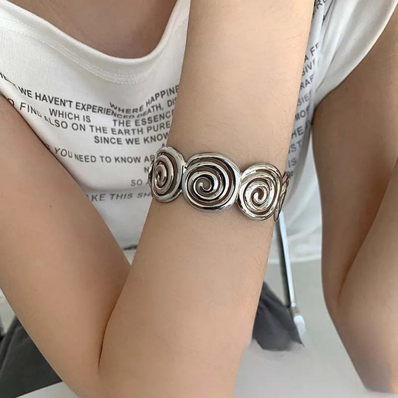 Punk Silver Geometric Spiral Bracelet Vintage Metal Open Adjustable Cuff Bangle