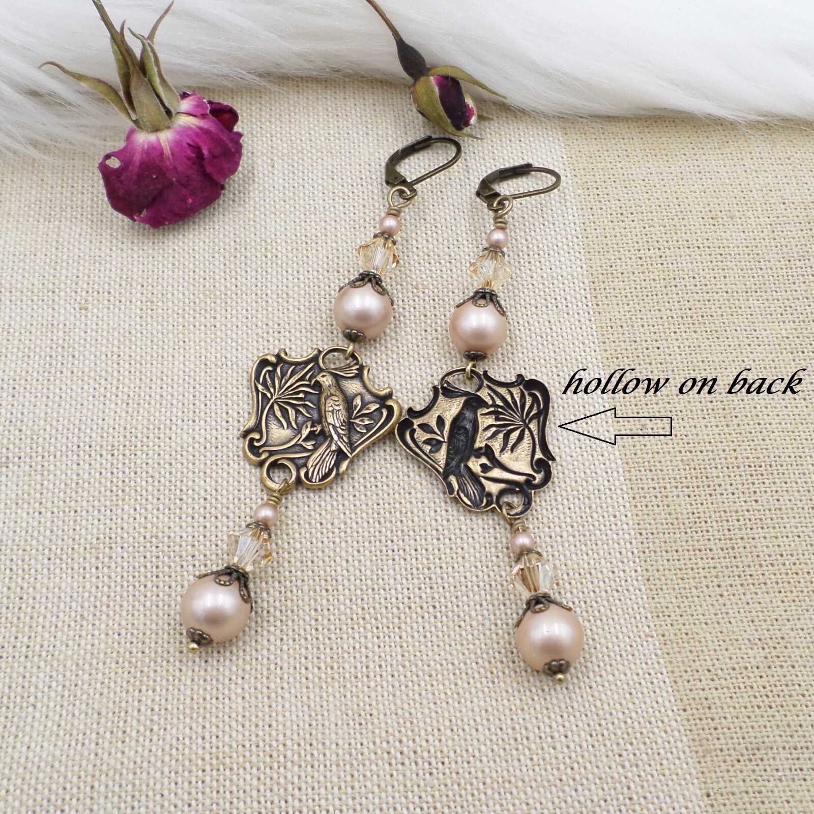 Antiqued Brass Bird Dangle Earrings, Handmade Pearl and Crystal Animal Jewelry