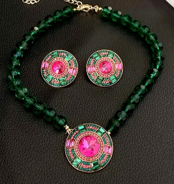 Vibrant Green Pink JEWEL Rhinestone Bead Betsey Johnson Necklace Earrings SET