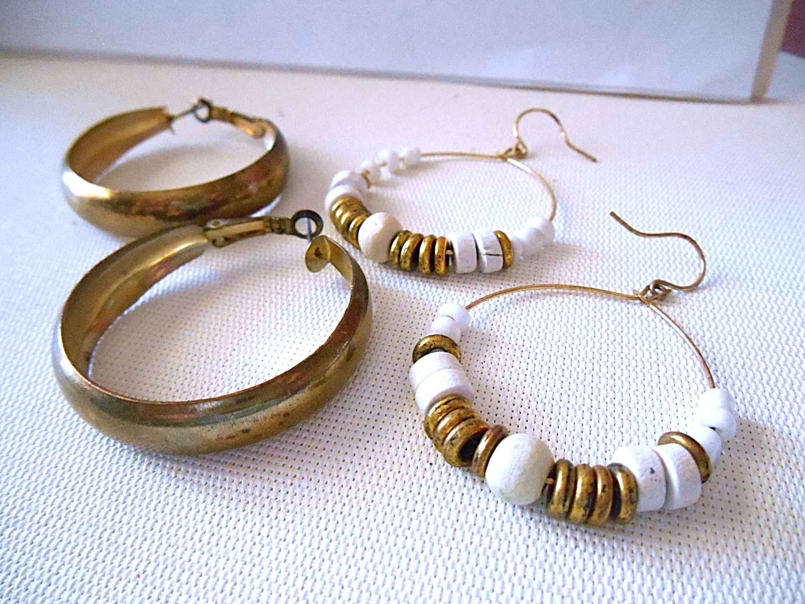 2 Pair – Bronzetone / Goldtone White Hoop Pierced Earrings