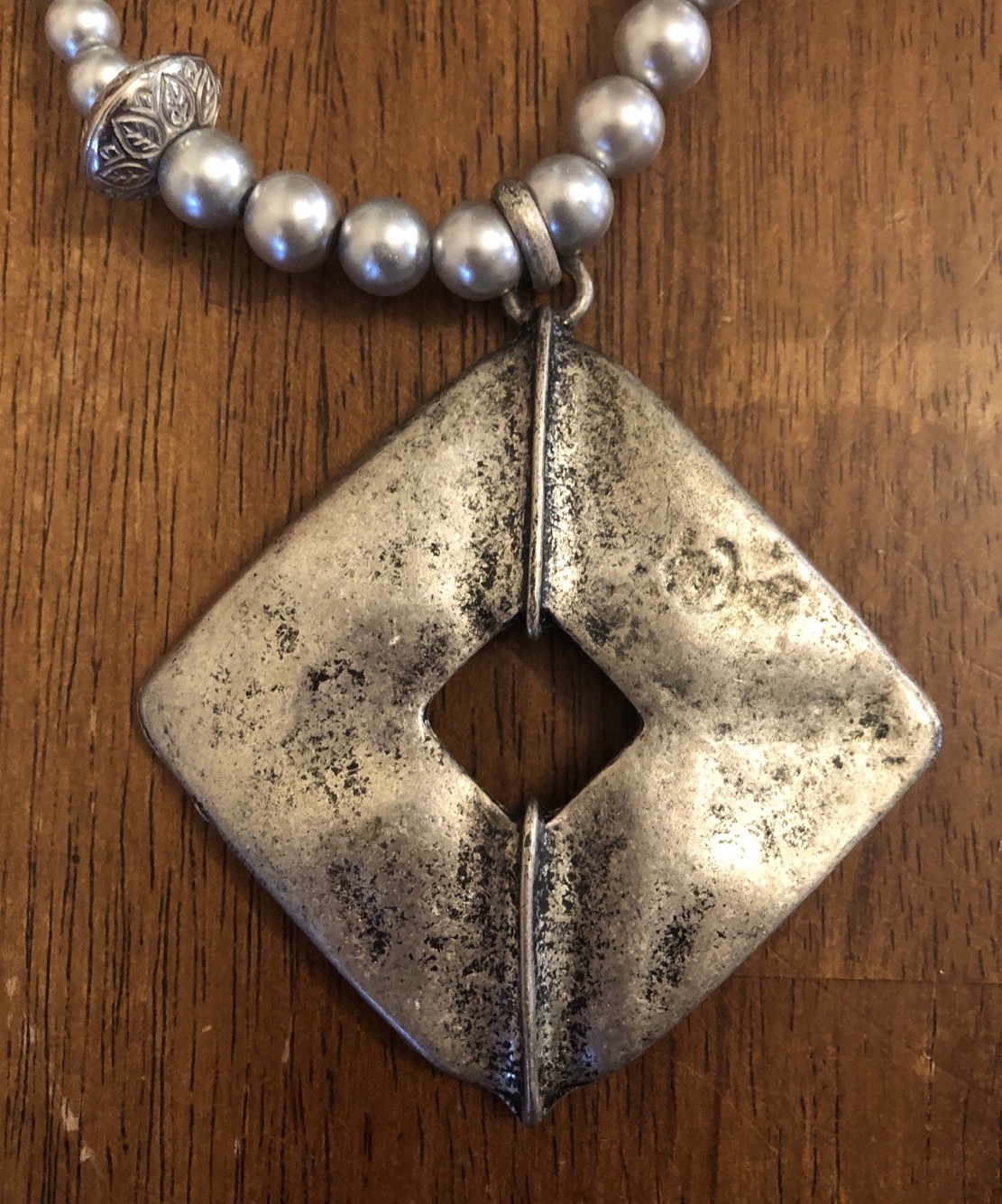 Heavy Mixed Beaded Necklace Rustic Silver Tone Pendant 23.5 In (T1)