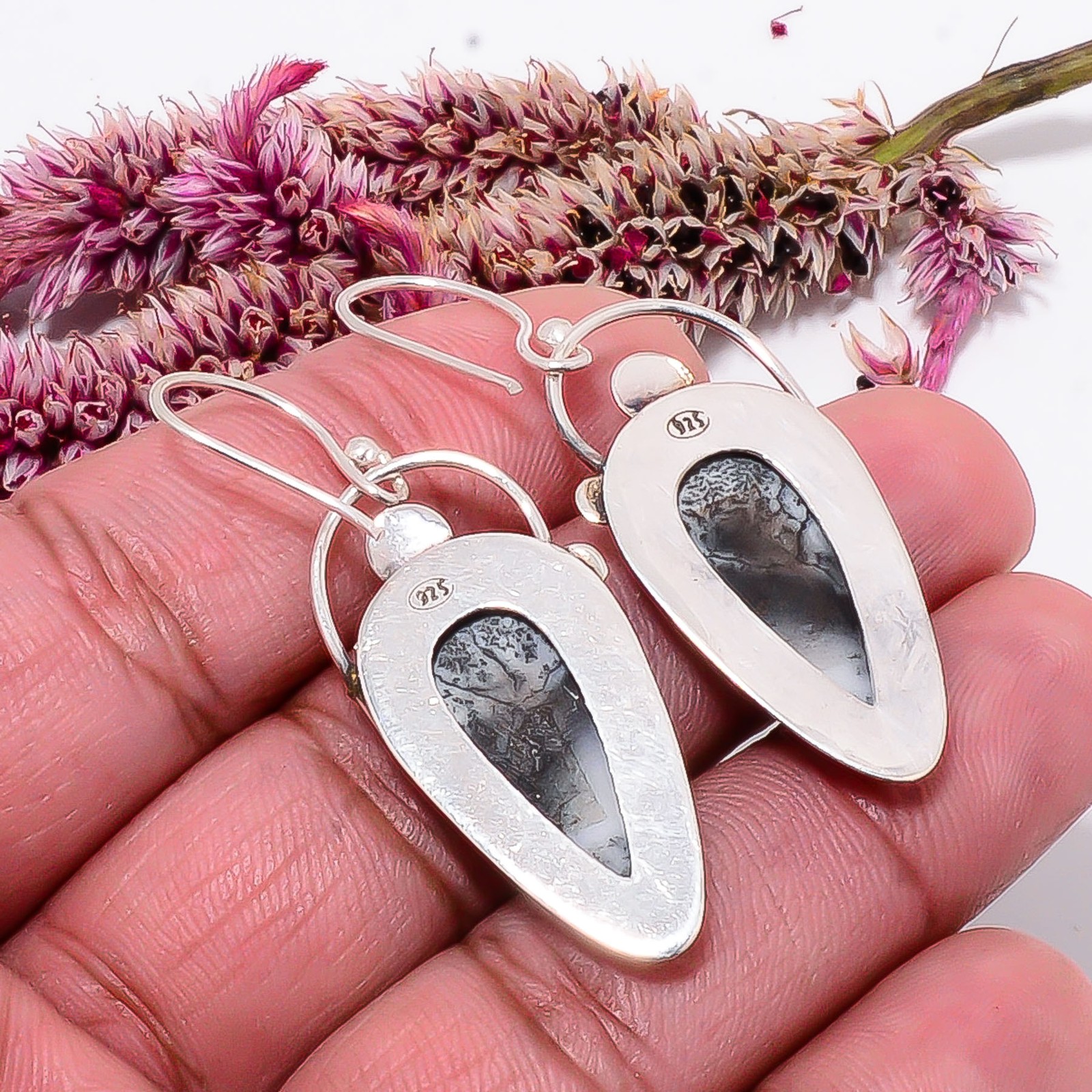 Merlinite Dendritic Opal -Brazil 925 Sterling Silver Two Tone Earring 1.87″ E3