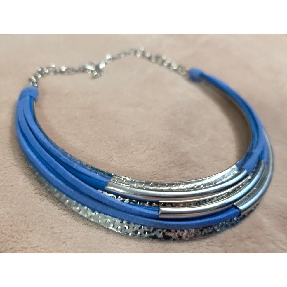 New Silvertone Blue Necklace Lobster Clasp W/ extender