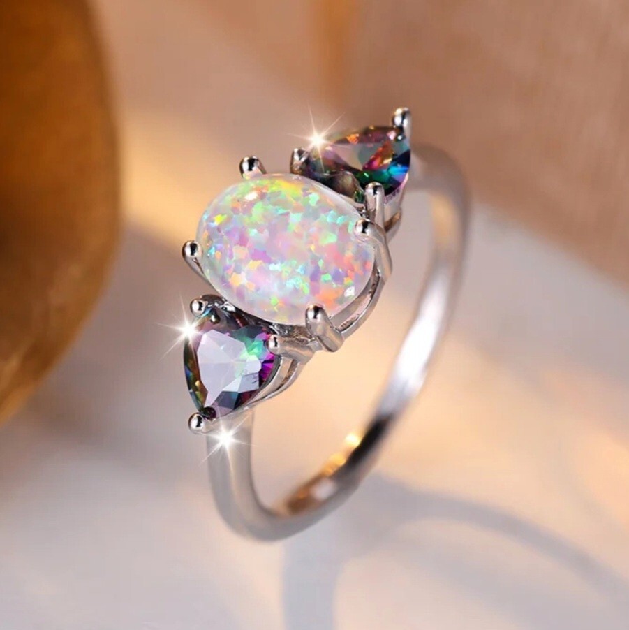 925 Sterling Silver Fire Rainbow Opal Mystical Topaz Engagement Ring Size 8