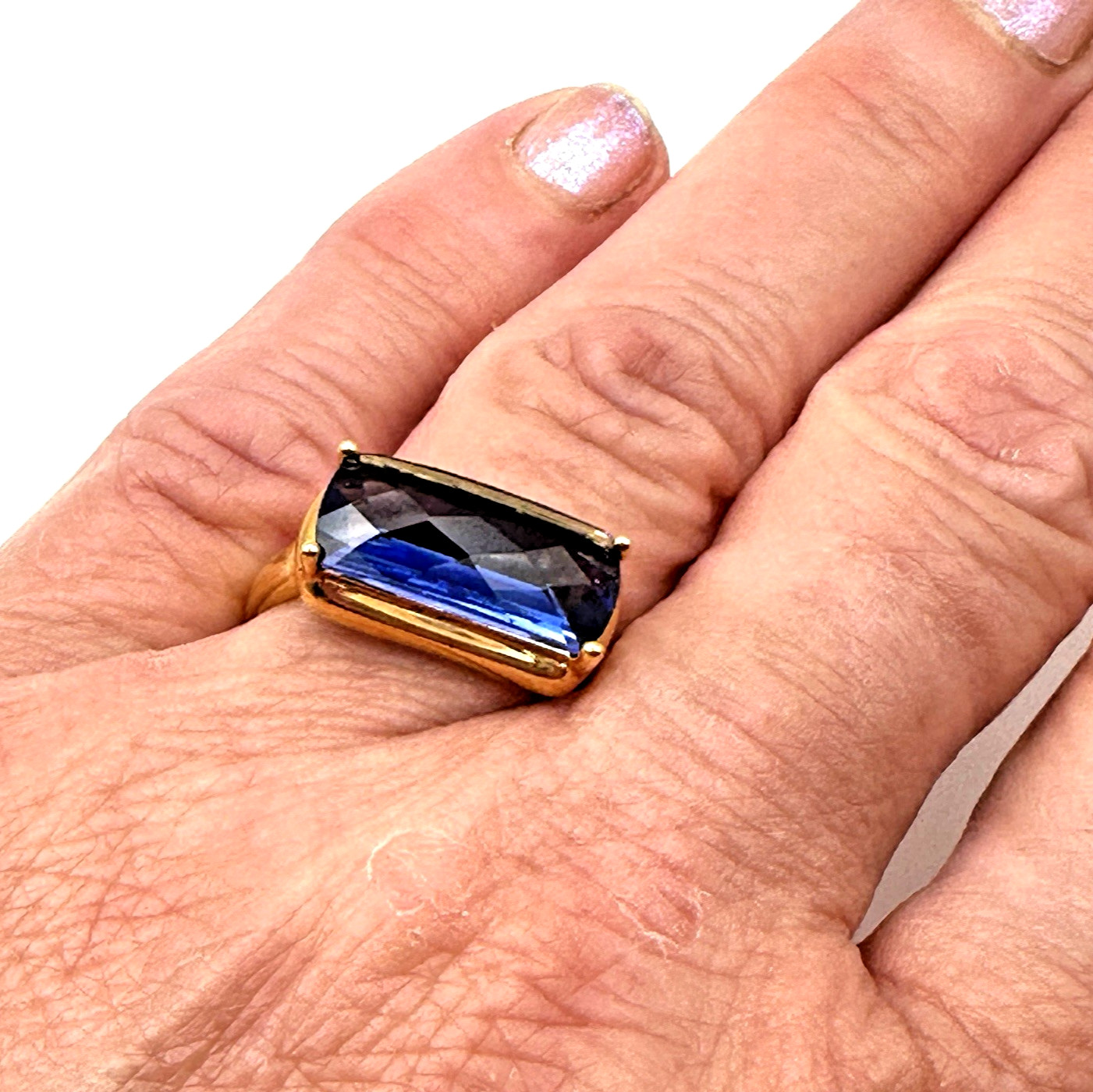 Technibond Blue Faceted CZ Ring Size 8 18K Gold Plated over Sterling Silver