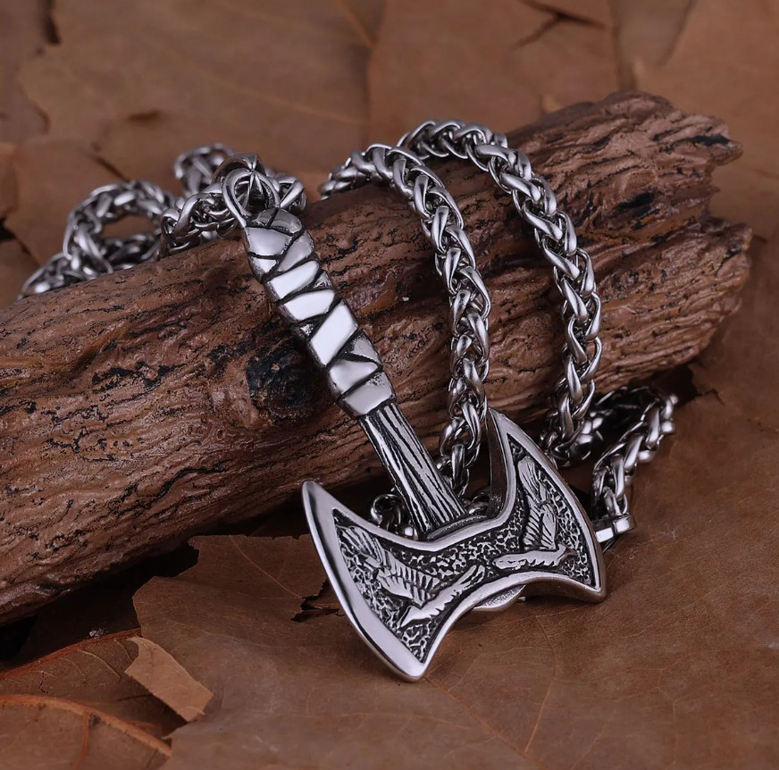 1pc Stainless Steel Viking Axe Necklace Odin Raven Rune Pendant Steel Gift – NEW