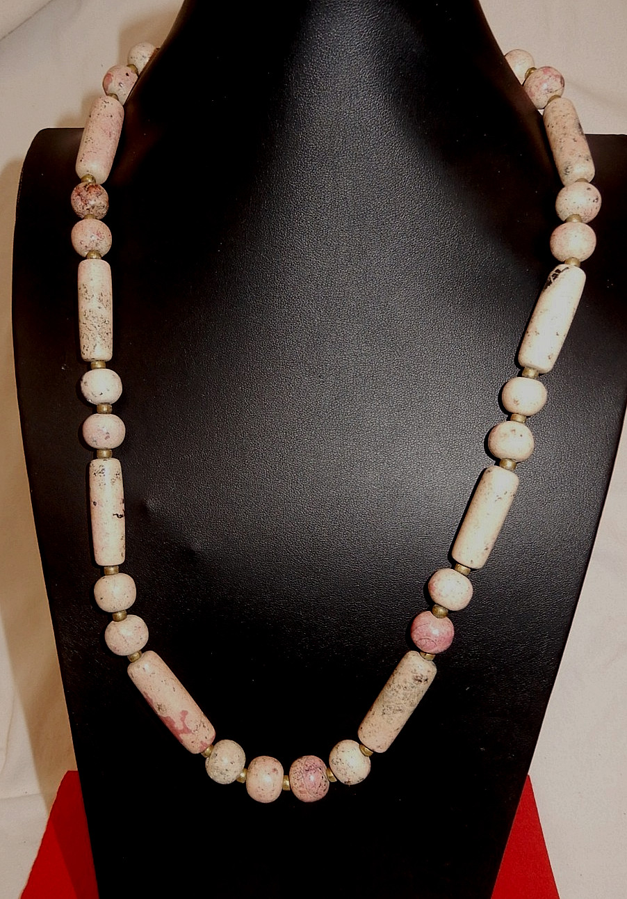 Rhodonite (Pink w/Grey) Stone Beaded Necklace with Brass Bead Spacers – 24″ loop