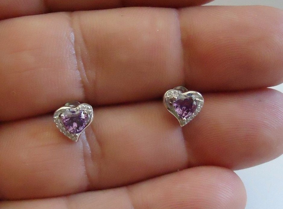 925 STERLING SILVER HEART SHAPE STUD EARRINGS W/ 1.10 CT AMETHYST & ACCENTS