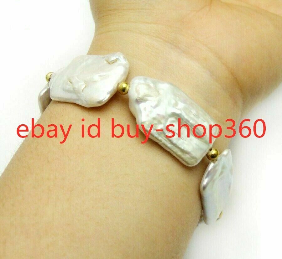 Natural White 15x20mm Rectangle Baroque Pearl Jewelry Bracelet 7.5”