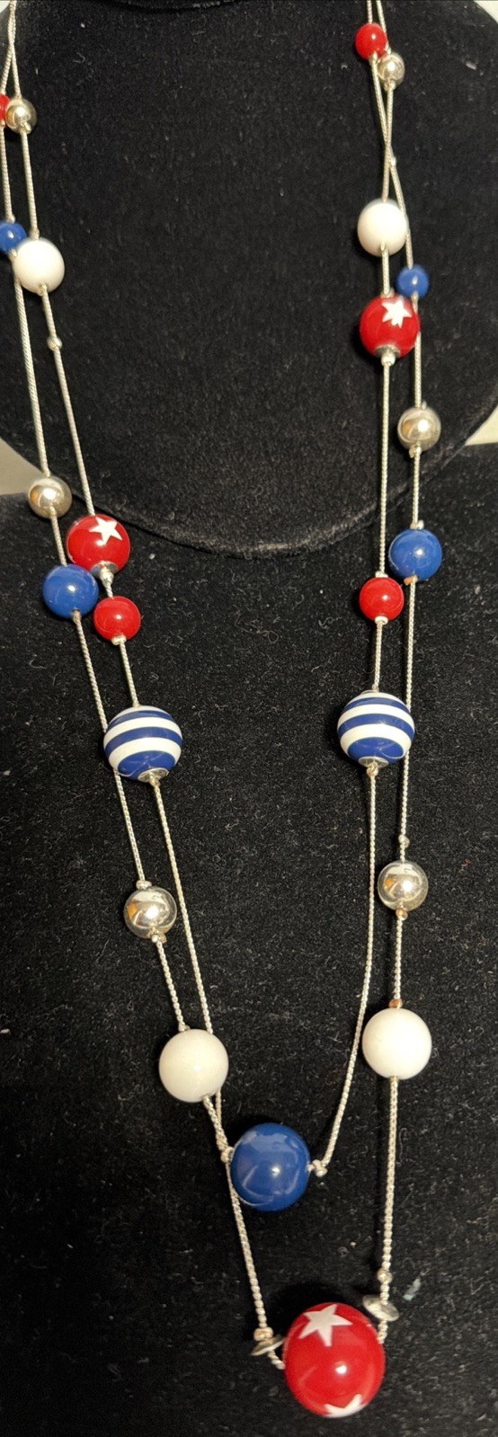 Red White Blue 32” Long Multi Strand Necklace Patriotic Star Stripe Beaded 250th