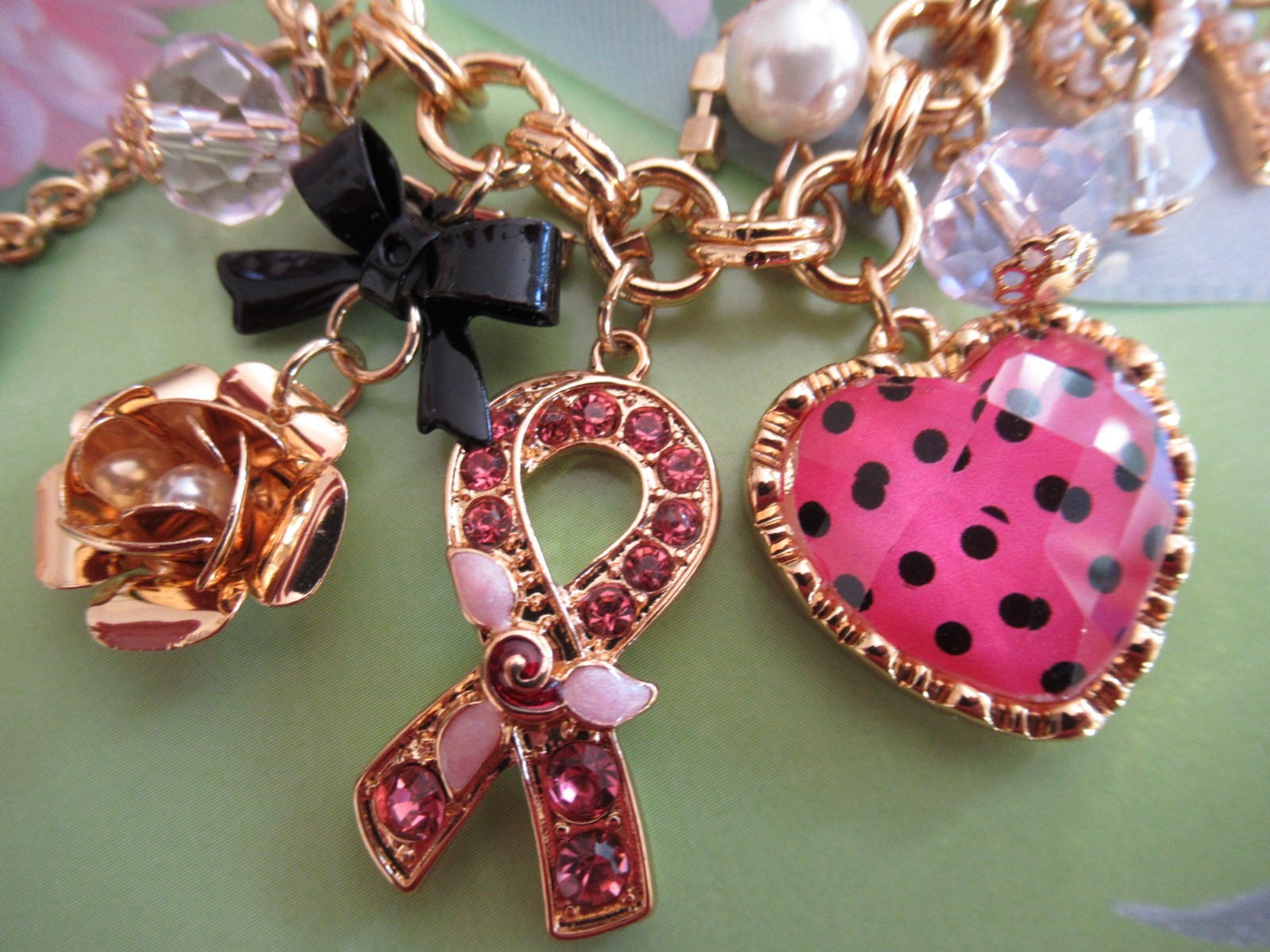 Designer Inspired Rhinestone Love Heart Bow Breast Cancer Awareness Bracelet NEW