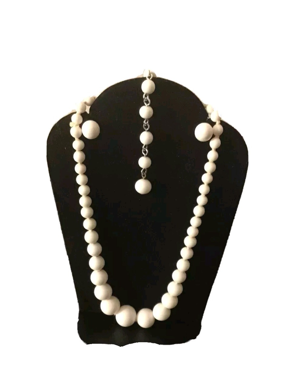 Glass Bead Choker Necklace w Earrings Set White Hand Tied 12″ Japan Vintage